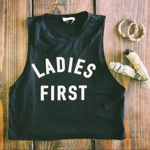 “Ladies First” cropped muscle tank.